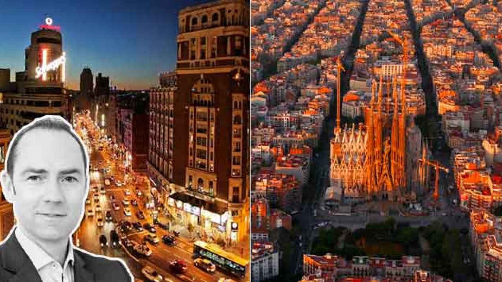 Vistas de dos lugares emblemáticos de Barcelona y Madrid, la Gran Vía (i) y la Sagrada Família (d) y el director de ventas y operaciones de Lucas Fox, Rod Jamieson. / FOTOMONTAJE CG