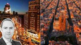 Vistas de dos lugares emblemáticos de Barcelona y Madrid, la Gran Vía (i) y la Sagrada Família (d) y el director de ventas y operaciones de Lucas Fox, Rod Jamieson. / FOTOMONTAJE CG