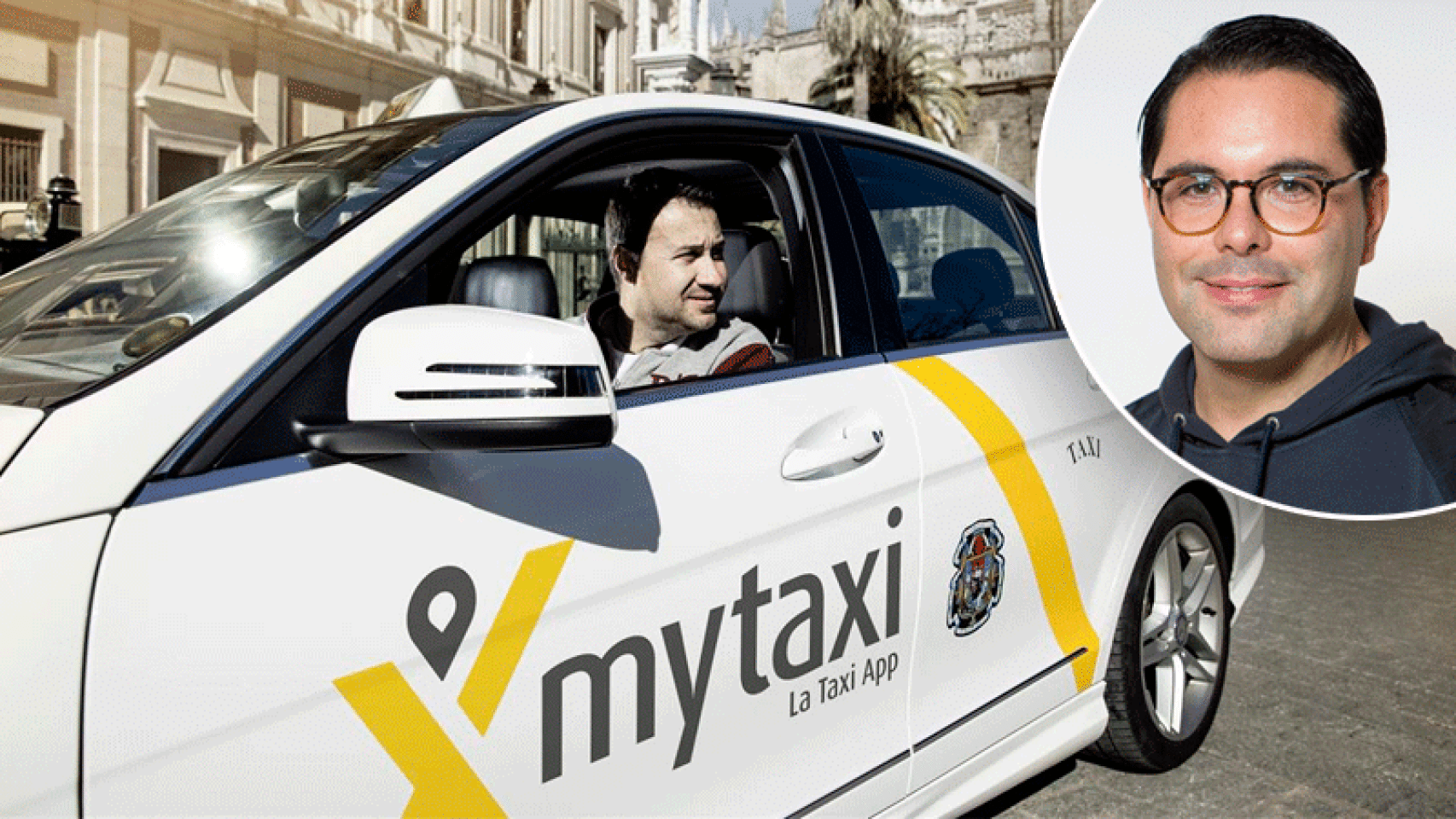 Un taxista de MyTaxi y Antonio Cantalapiedra, consejero delegado de la firma en España. 
