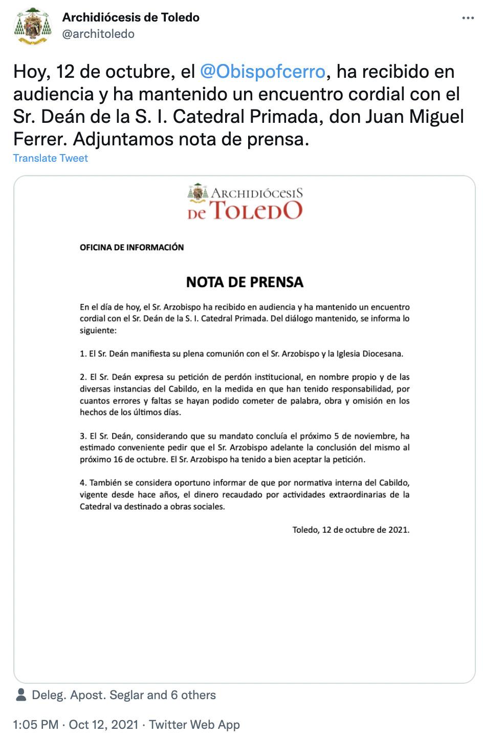 Publicación de Archidiocesis de Toledo / TWITTER