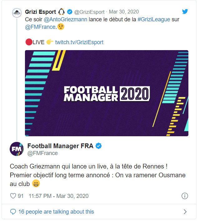 Publicación del Football Manager comentando a Griezzi Esport / Twitter