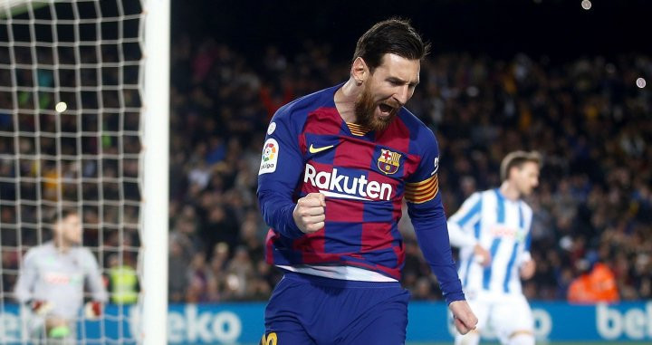Messi celebrando su gol ante la Real Sociedad /EFE