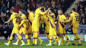 Los jugadores del Barça celebrando el primer gol contra el Slavia en Champions / FC Barcelona