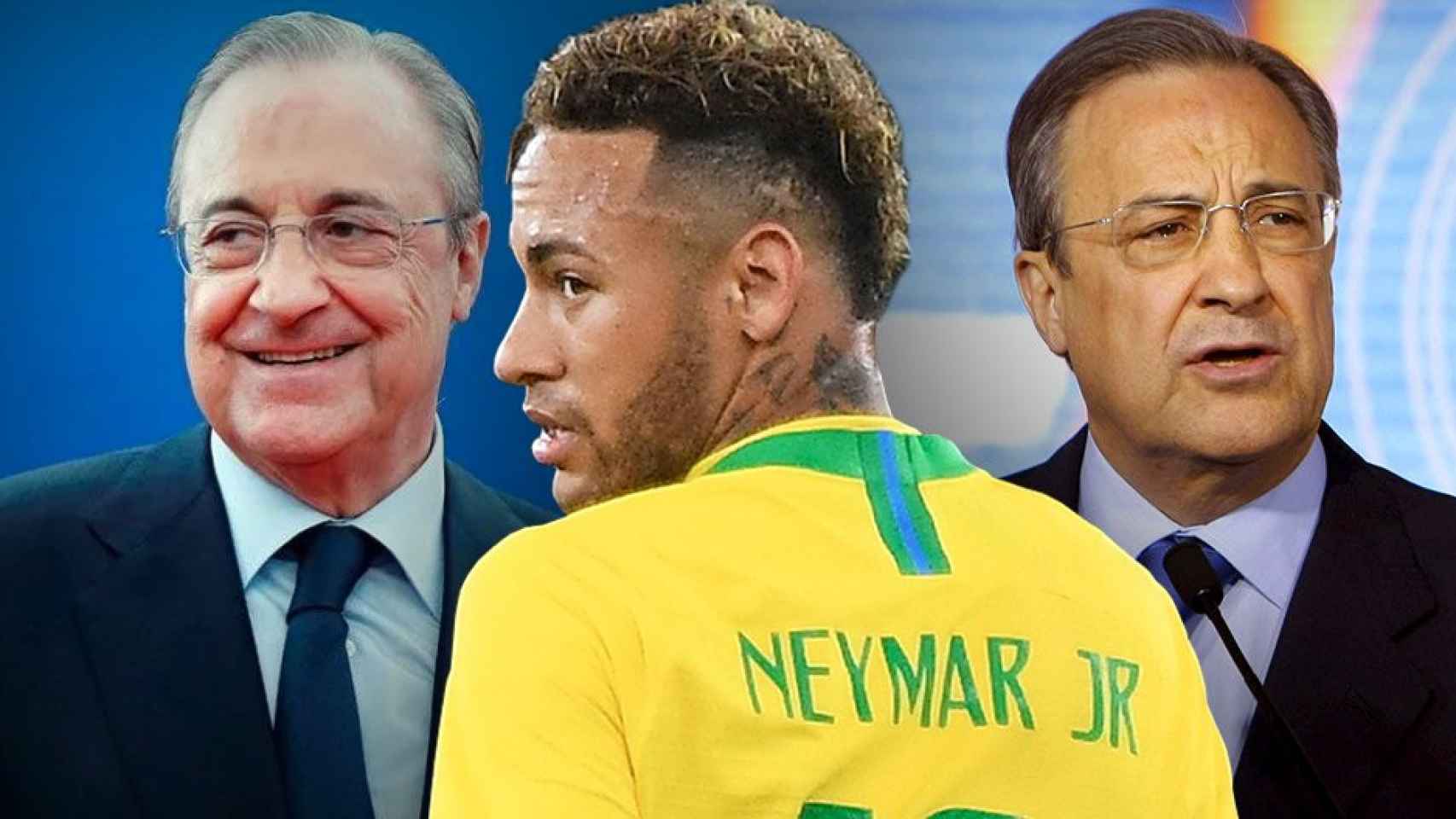 Neymar, entre un Florentino Pérez sonriente y uno más serio / FOTOMONTAJE DE CULEMANÍA
