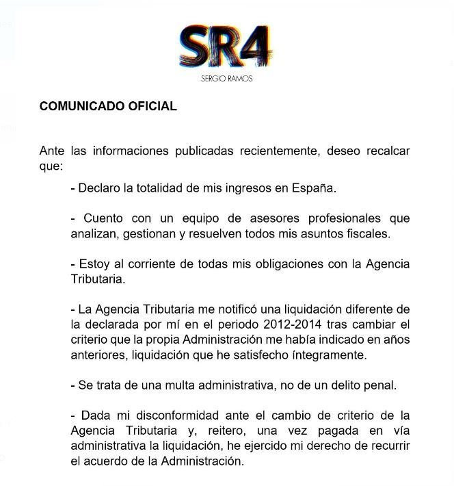 Comunicado de Sergio Ramos referente a la multa / Instagram