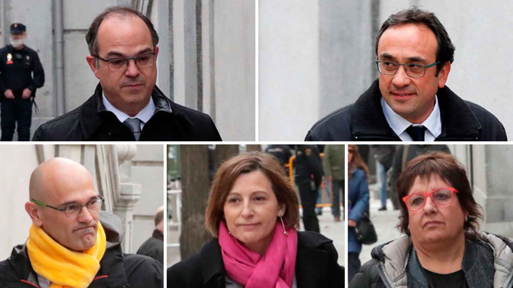 Jordi Turull, Josep Rull, Raül Romeva, Carme Forcadell y Dolors Bassa a su llegada al Tribunal Supremo / EFE auto