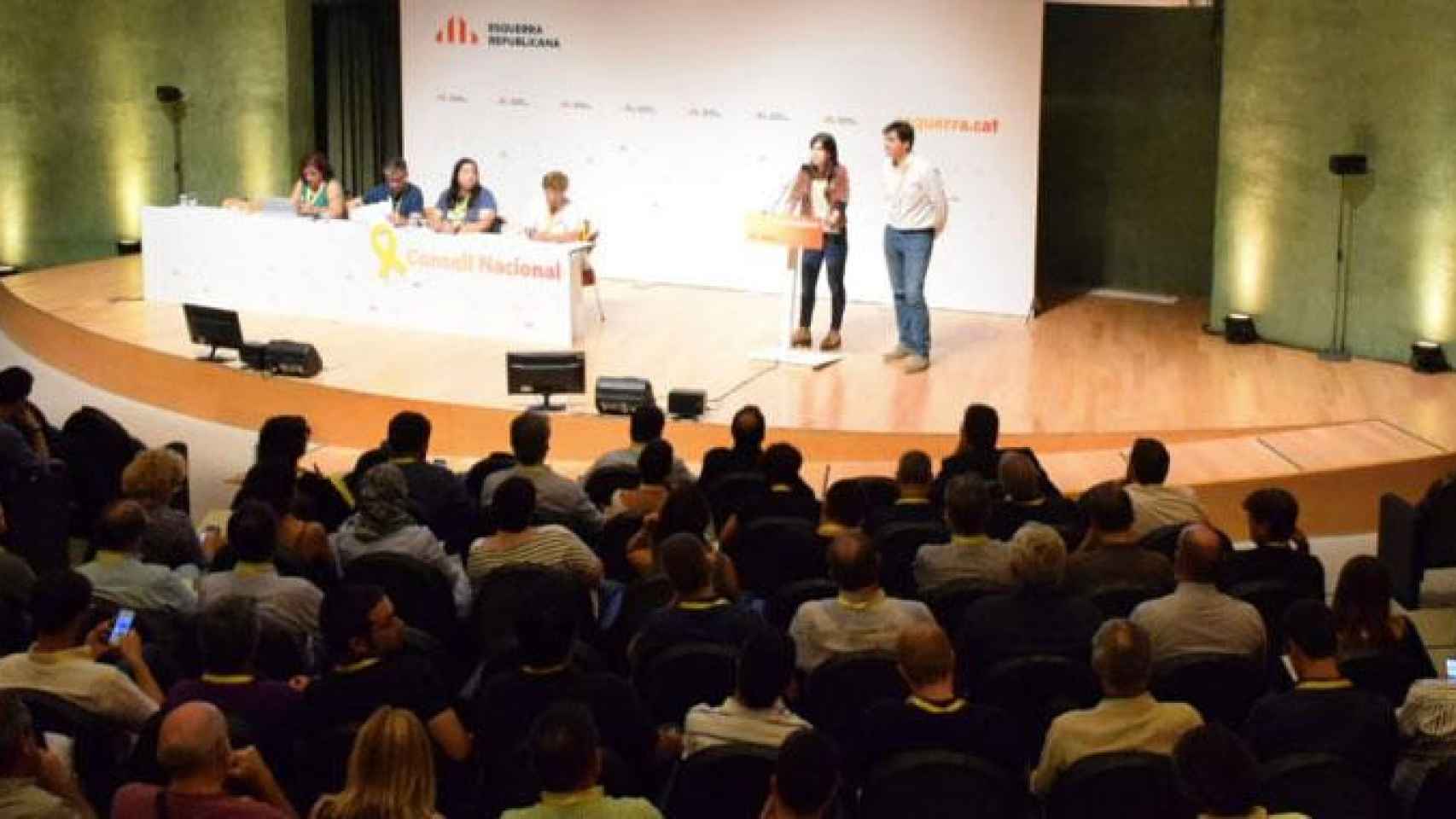 La portavoz de ERC, Marta Vilalta, y el presidente del grupo parlamentario republicano, Sergi Sabrià, hablan ante el consejo nacional del partido este sábado en Barcelona / EFE