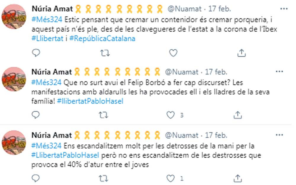 Tres de los tuits de la periodista de TV3 Núria Amat sobre Pablo Hasél y los disturbios, difundidos en el programa 'Més 324'