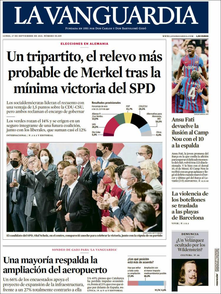 Portada de 'La Vanguardia' del 27 de septiembre de 2021 / KIOSKO.NET