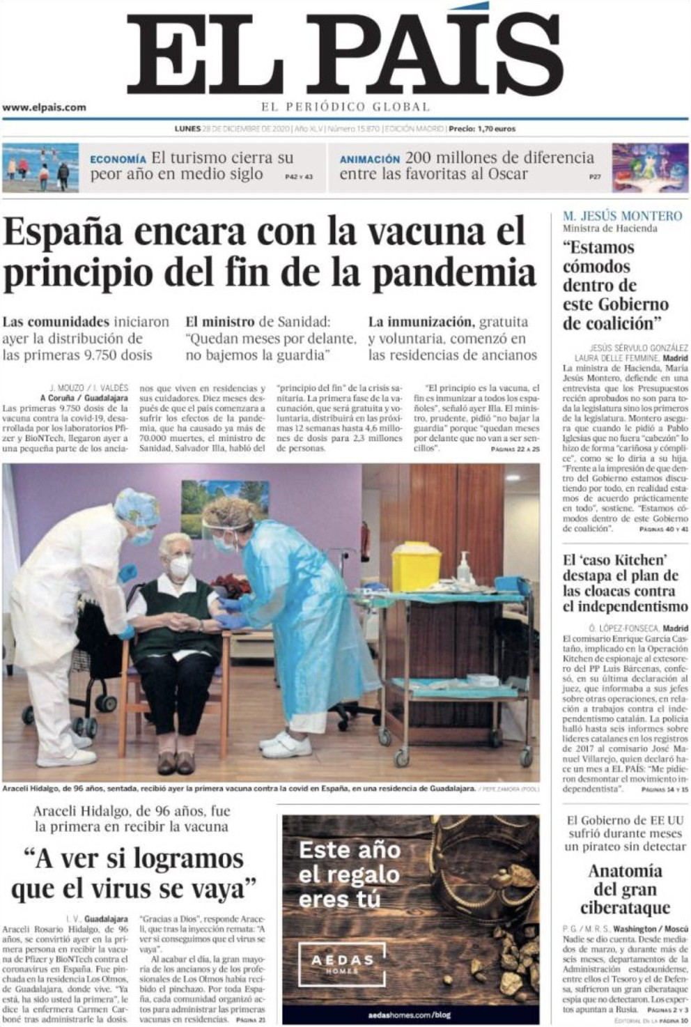 Portada de 'El País' del 28 de diciembre de 2020 / EL PAÍS