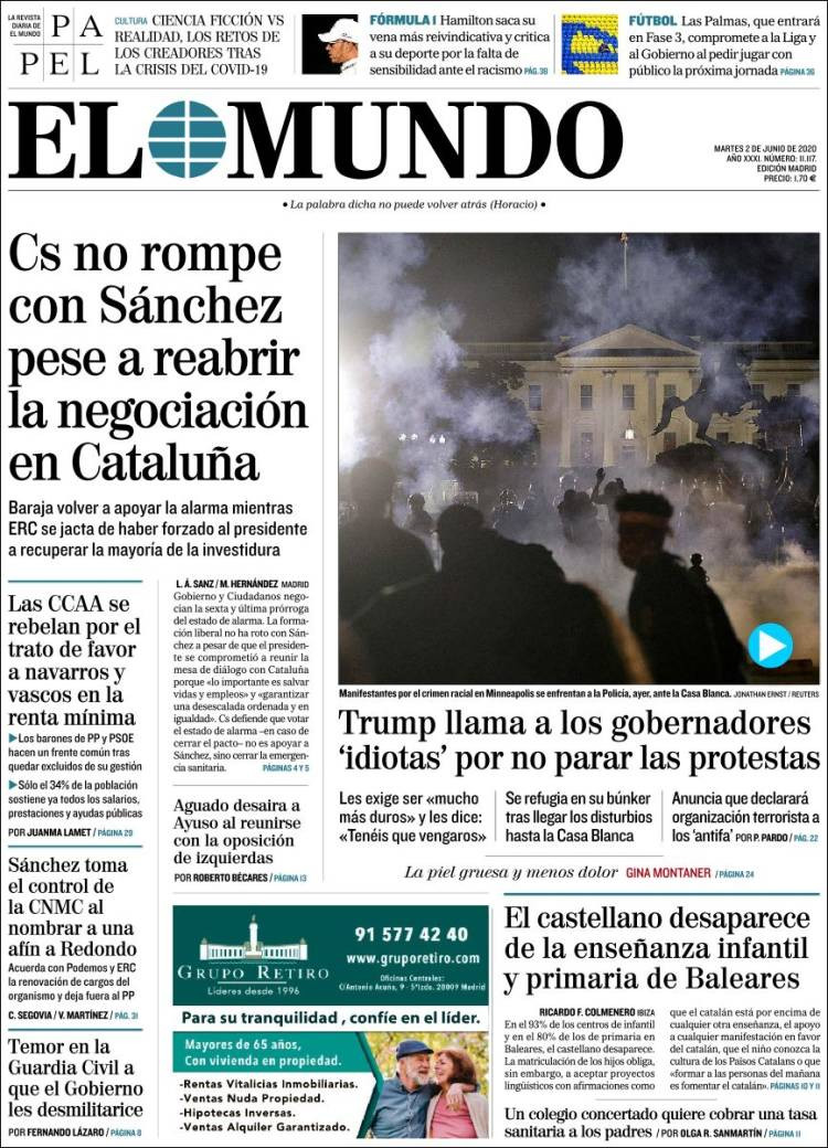 Portada del diario 'El Mundo' del martes 2 de junio de 2020