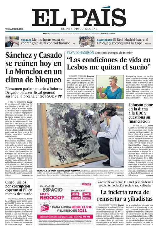 Portada de 'El País' del 17 de febrero de 2020