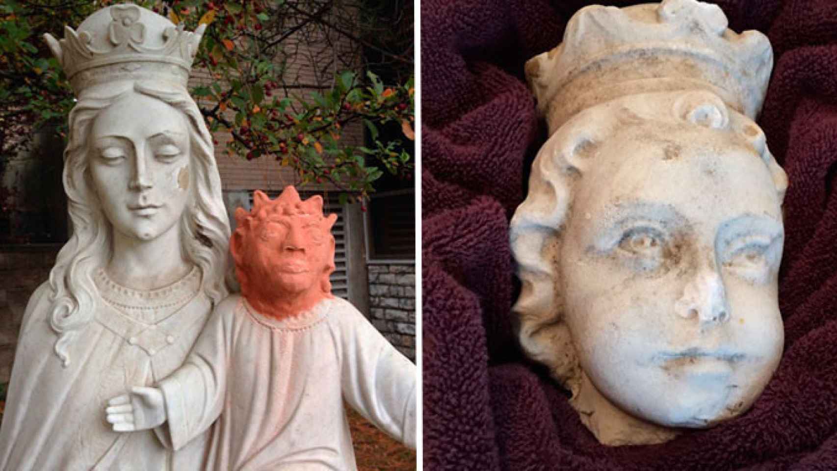 La estatua de la Virgen y el niño Jesús restaurada, junto a la cabeza original de la escultura / CG