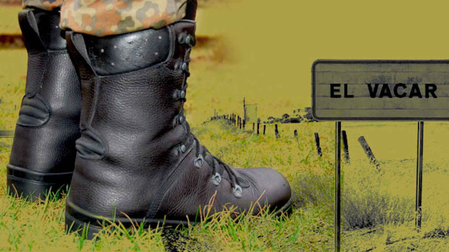 Botas de un soldado a la entrada de la localidad de El Vacar / FOTOMONTAJE DE CG