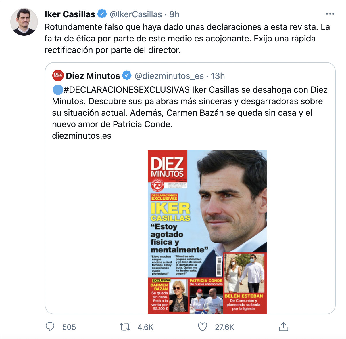 Iker Casillas desmiente las declaraciones de 'Diez Minutos' / TWITTER