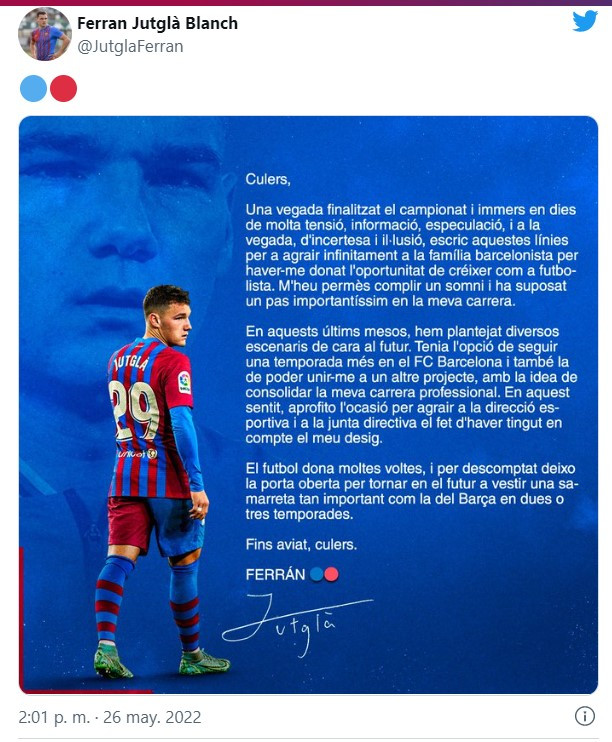 Ferran Jutglà se despide del Barça a través de una emotiva carta en Twitter / REDES