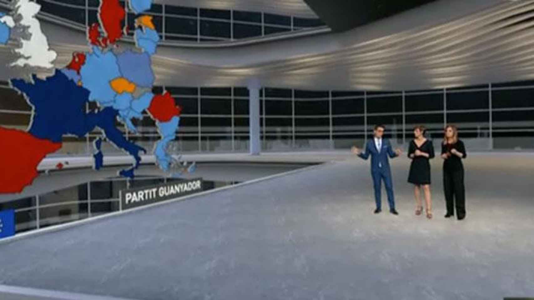 Imagen de una de las recurrentes ocasiones en que TV3 ha hecho uso de la realidad virtual durante la noche electoral