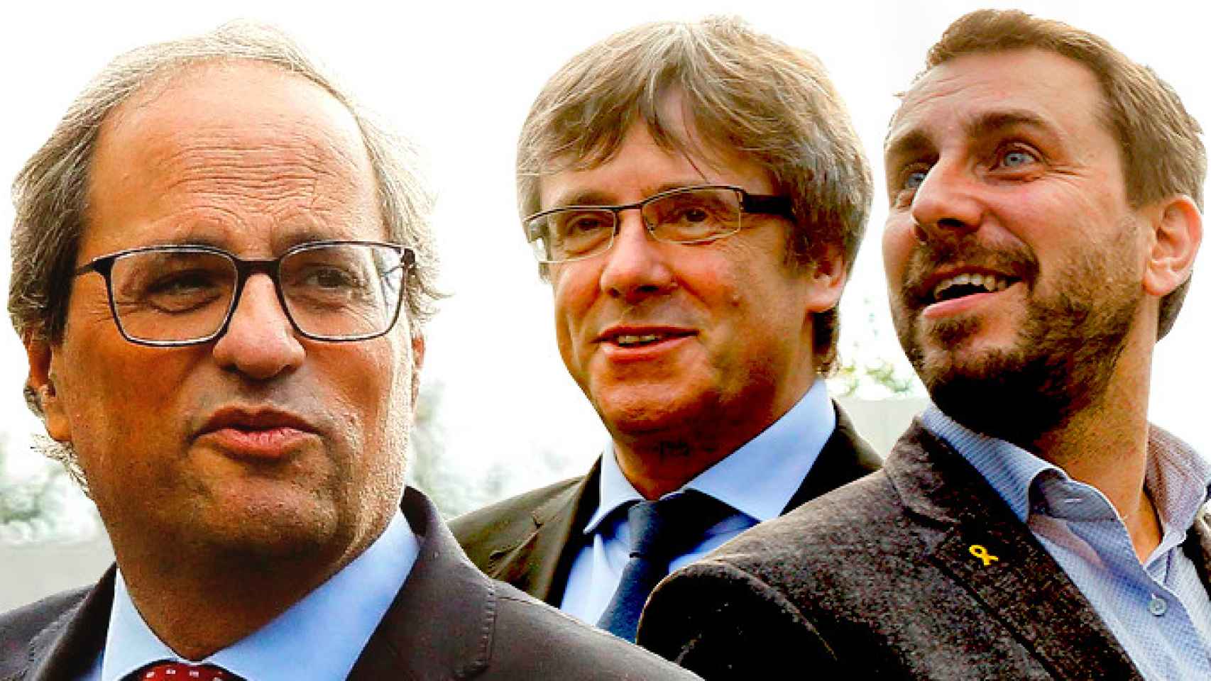 Quim Torra, su predecesor, Carles Puigdemont y Toni Comín en Waterloo, donde han anunciado que activarán el Consejo de la República, uno de los chiringuitos de la independencia / CG