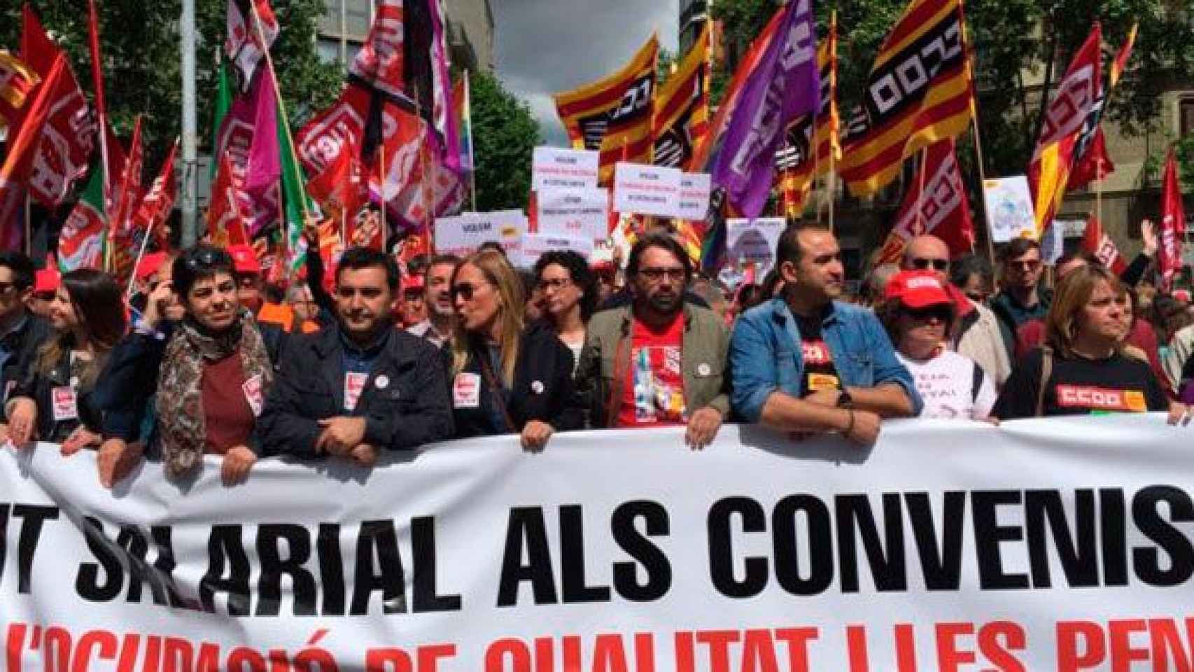 Los representantes de CCOO y UGT en Cataluña, durante una manifestación anterior / EP