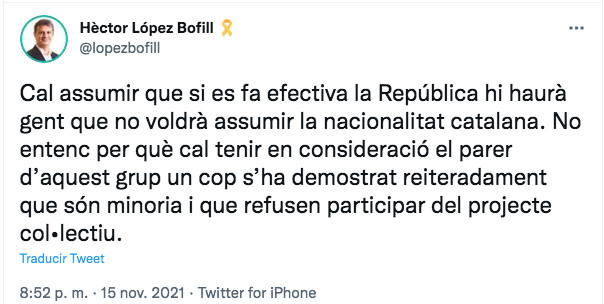 Mensaje de Hèctor López Bofill en su cuenta personal de Twitter / @lopezbofill