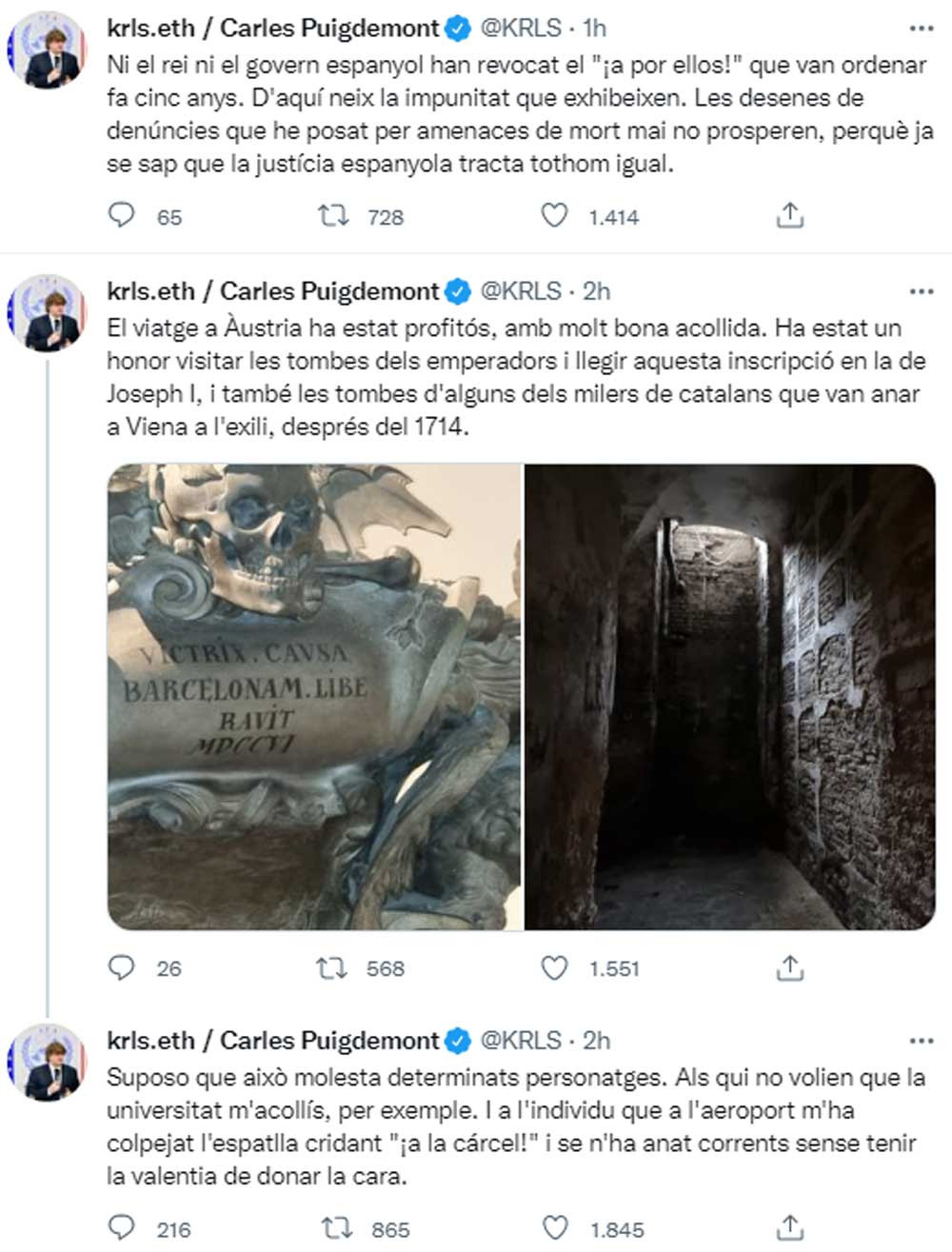 Puigdemont, denunciando en Twitter haber sido agredido en Viena