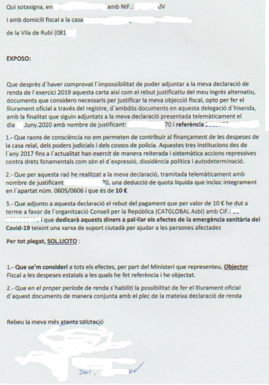 Formulario presentado a Hacienda por un independentista en paro para financiar a Carles Puigdemont