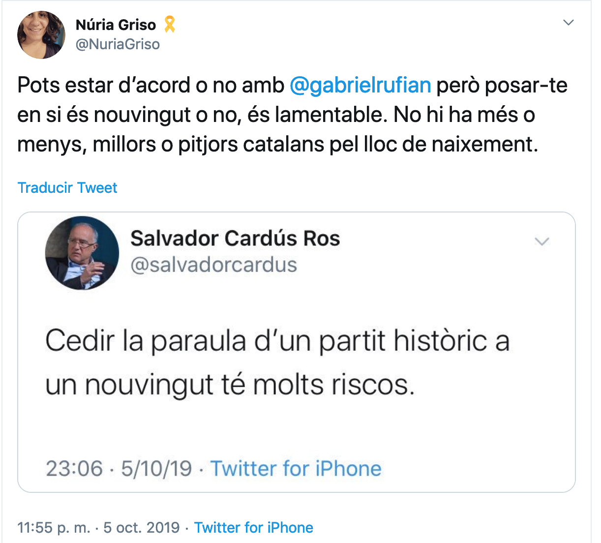 Captura de los tuits entre Salvador Cardús y Núria Griso / TWITTER
