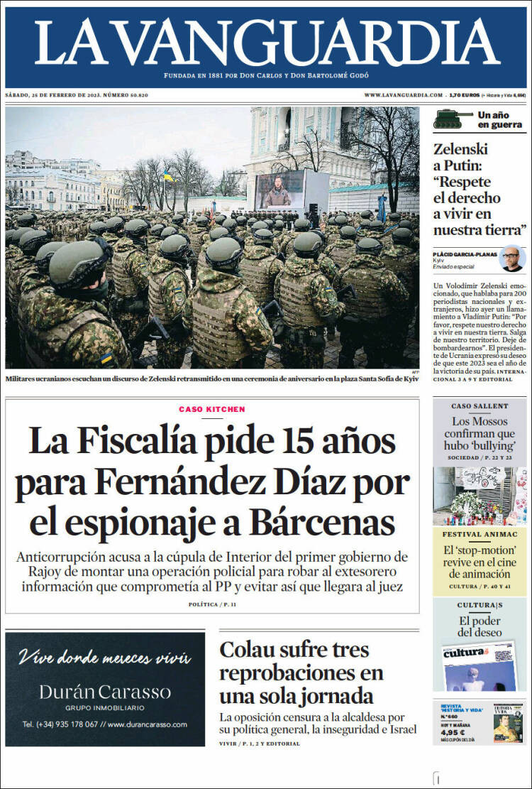 Portada de 'La Vanguardia' de 25 de febrero de 2023 / KIOSKO.NET