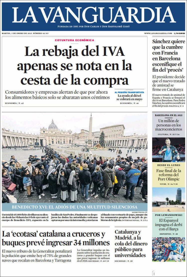 La portada de 'La Vanguardia' del 3 de enero de 2022 / LA VANGUARDIA
