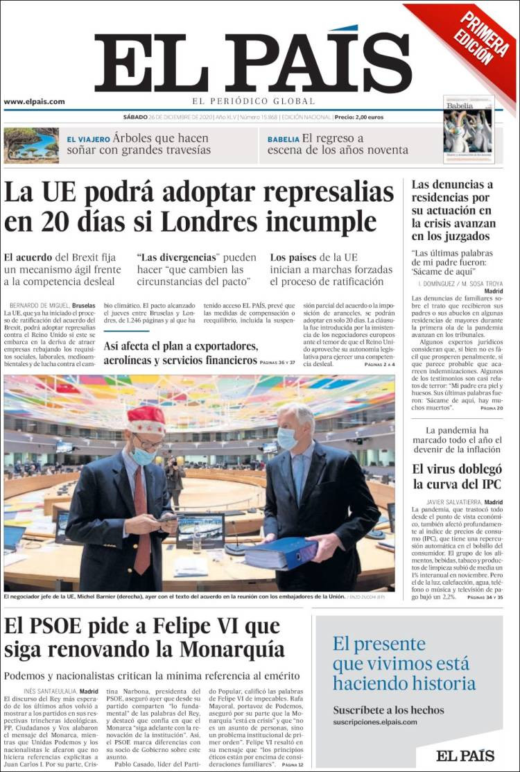 Portada de 'El País' del 26 de diciembre de 2020 / KIOSKO.NET