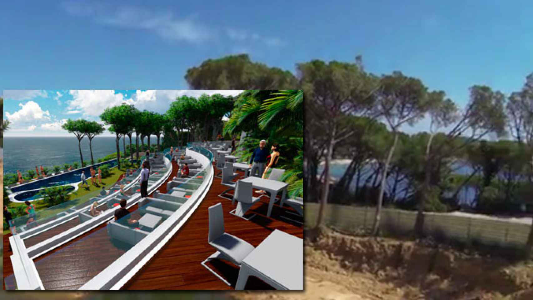 Vista del pinar en el que se eleva el Alàbriga con un detalle de su futuro 'beach club' / CG