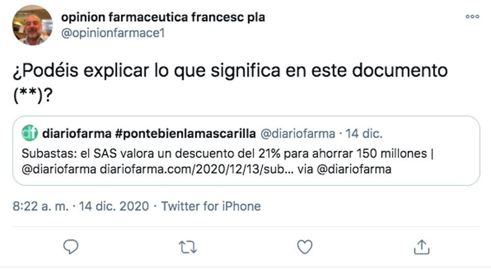 El tuit del experto Francesc Pla alertando de un posible pacto con las subastas de medicamentos en Andalucía / CG