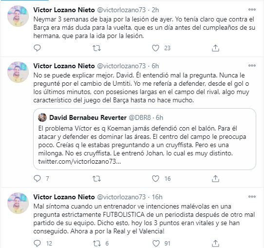 Tweets de Víctor Lozano tras la respuesta de Koeman / REDES