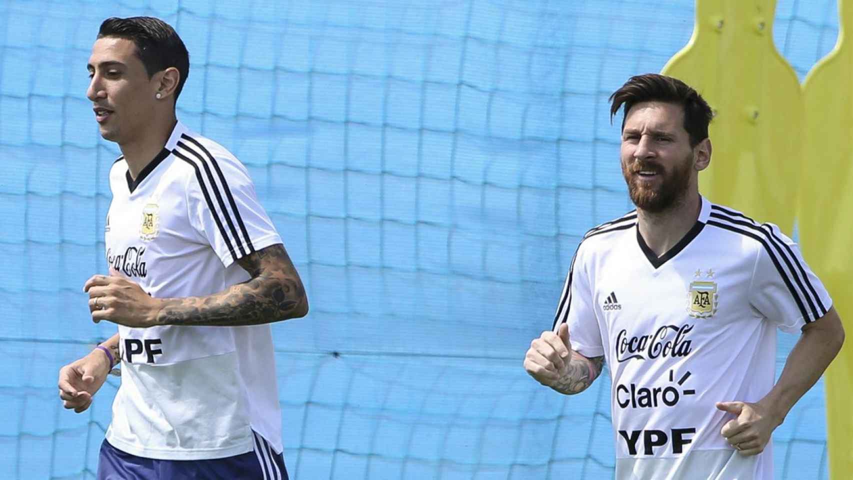 Ángel Di María con Leo Messi en un entrenamiento de Argentina / EFE