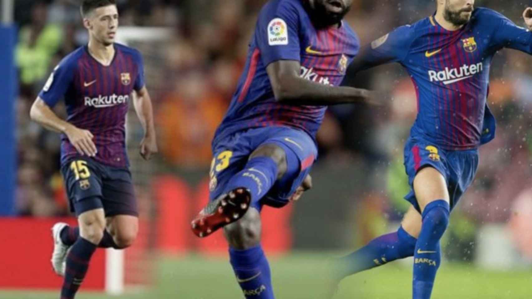 Una foto de Lenglet, Umtiti y Piqué jugadores del Barça / FOTOMONTAJE CULEMANÍA