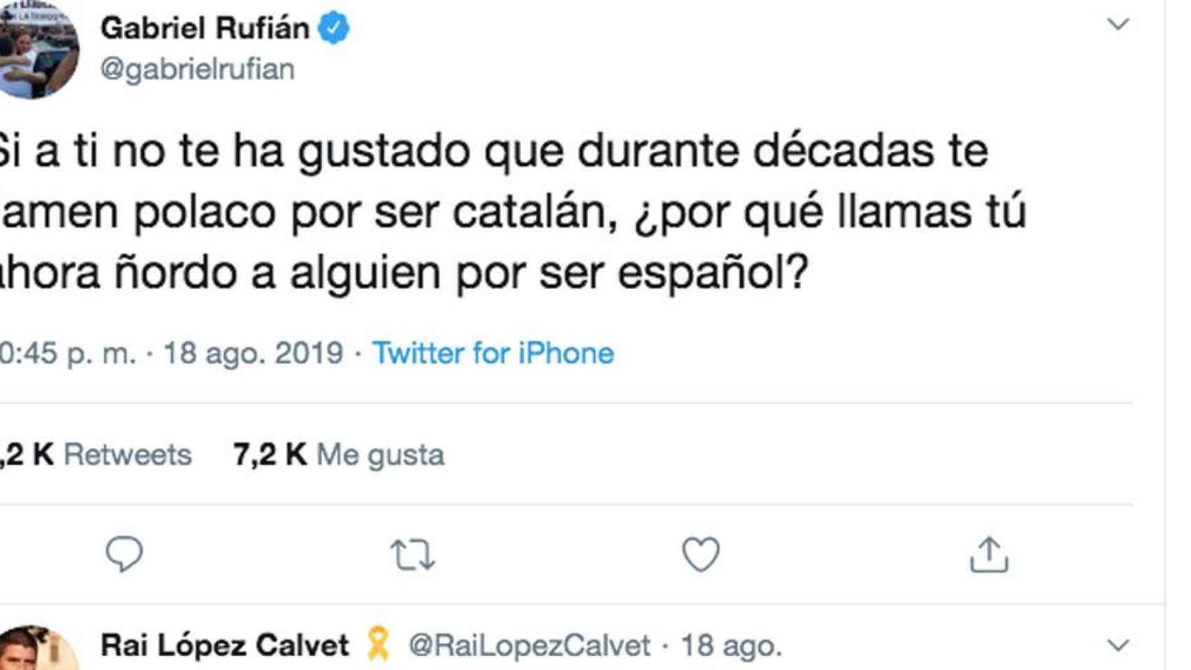 Imagen de un tuit de Gabriel Rufián recriminando a un nacionalista el uso de la palabra ñordo como sinónimo de español