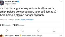 Imagen de un tuit de Gabriel Rufián recriminando a un nacionalista el uso de la palabra ñordo como sinónimo de español