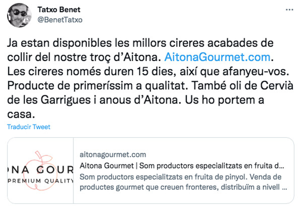 Tatxo Benet vende productos agrícolas en Twitter