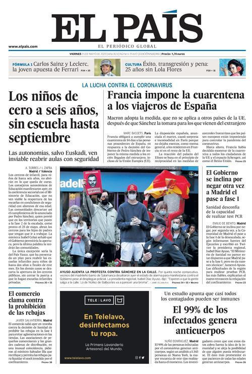 Portada de 'El País' del 15 de mayo de 2020