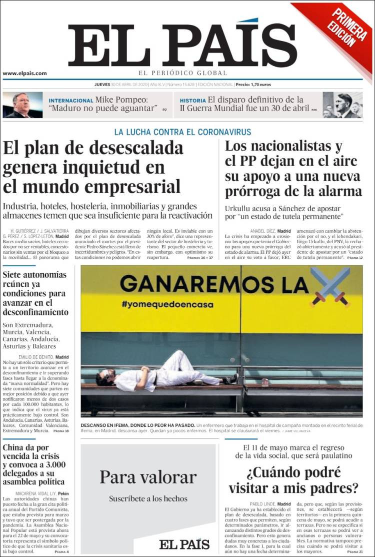 Portada de 'El País' con informaciones sobre la desescalada y el estado de alarma / KIOSKO