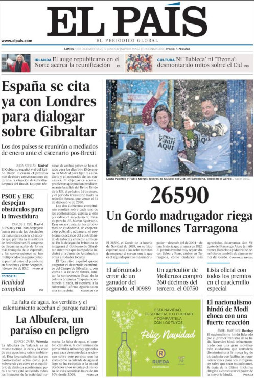 Portada de 'El País' del 23 de diciembre de 2019