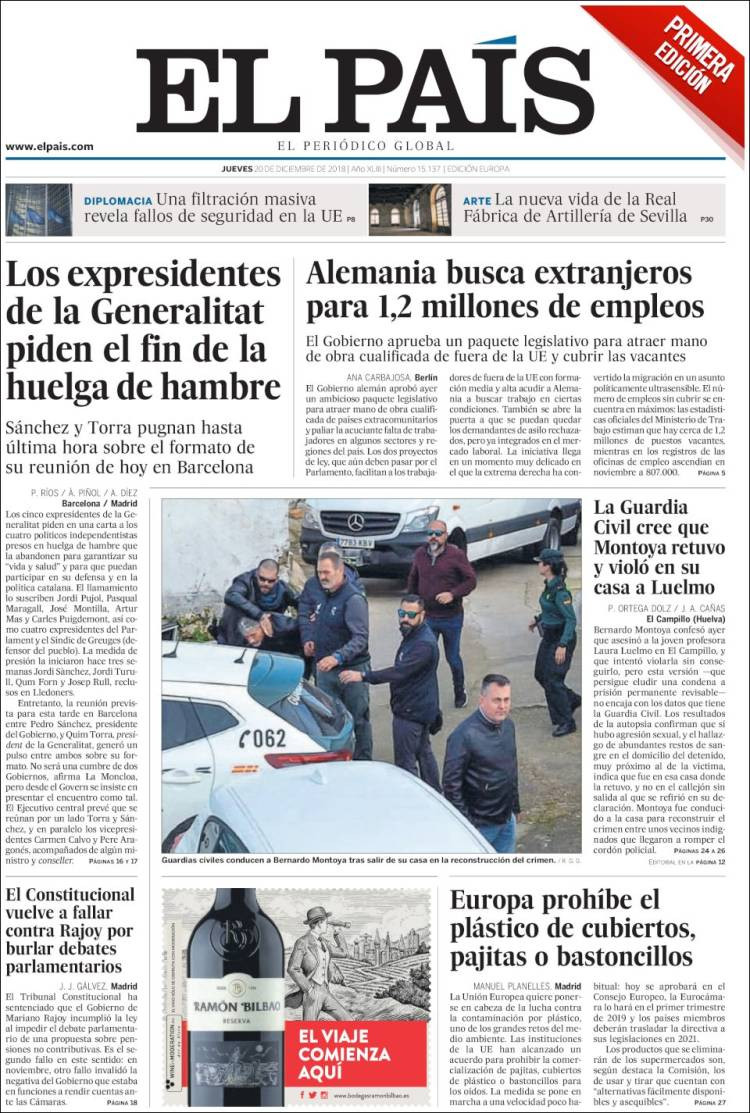 Portada de 'El País' de este jueves 20 de diciembre