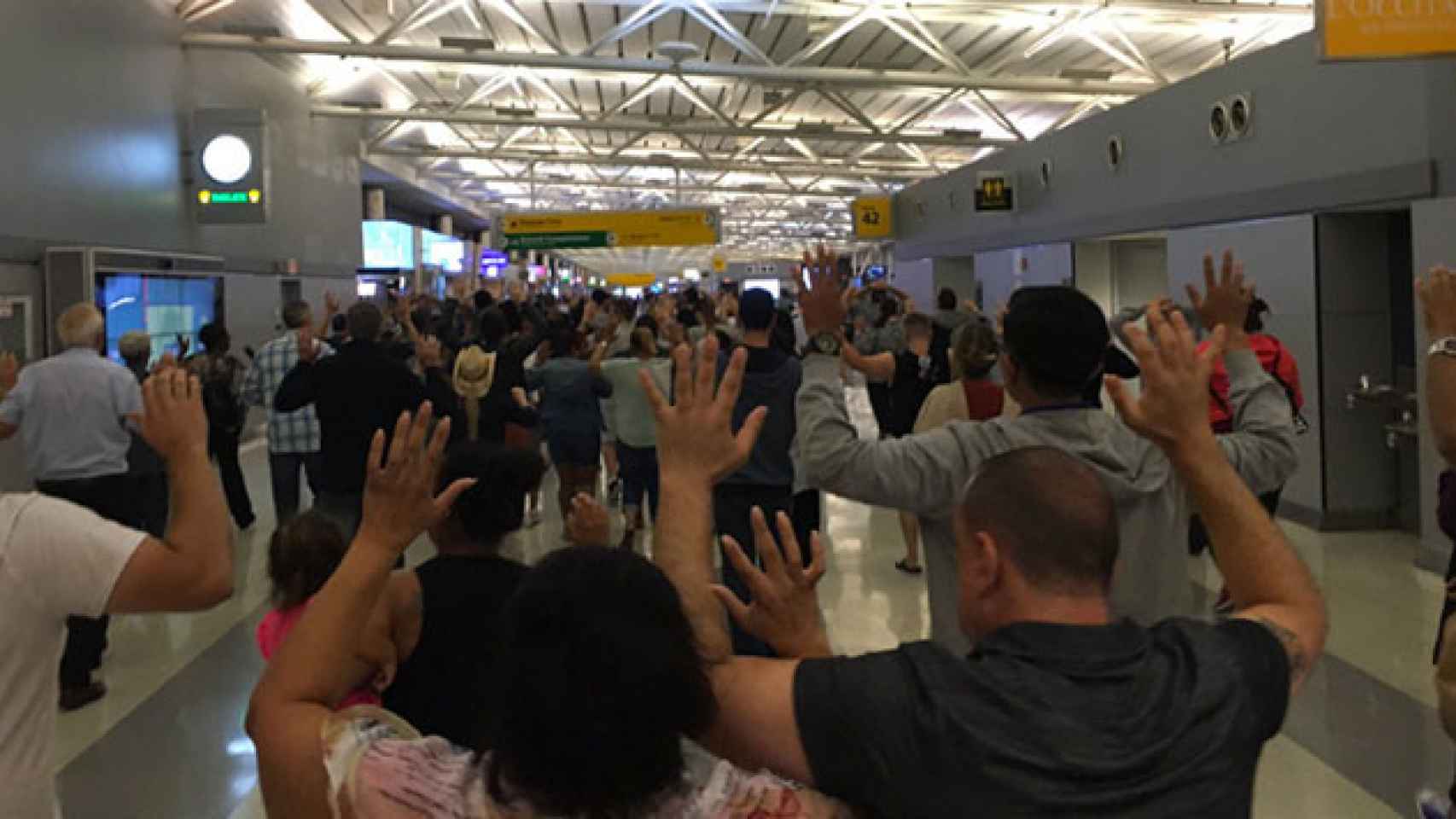 Decenas de pasajeros con las manos en alto por una falsa alarma en el aeropuerto JFK de Nueva York. / TWITTER
