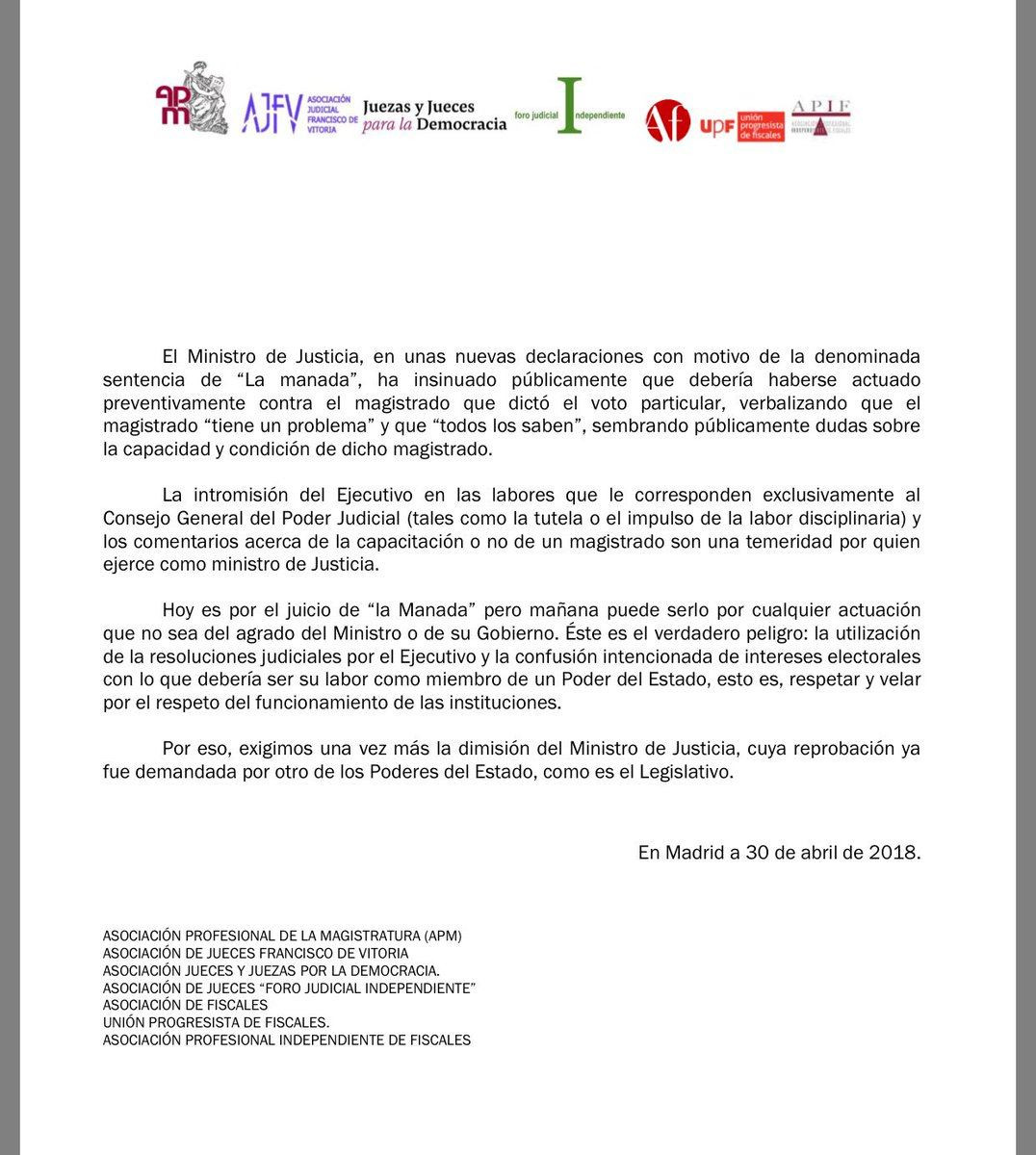 El comunicado emitido por jueces y fiscales de España contra el ministro de Justicia