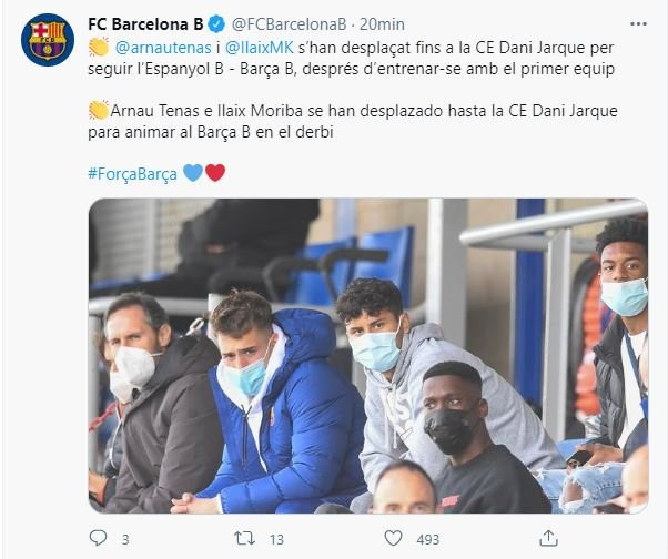 Ilaix Moriba y Arnau Tenas en el Barça B - Espanyol B / FCB