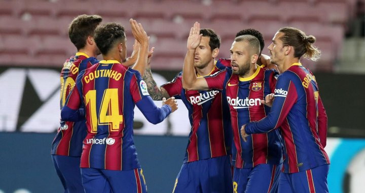 Coutinho, Alba y Griezmann celebrando el gol de Ansu Fati contra el Villarreal / FC Barcelona