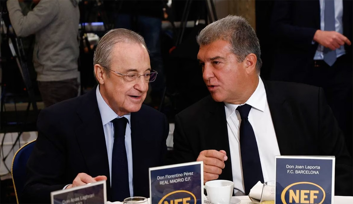Laporta y Florentino Pérez, durante una reunión con Anas Laghrari, socio comercial / REDES