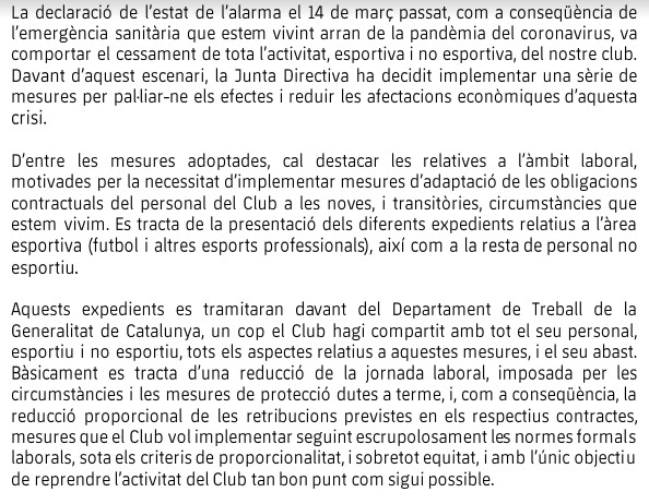Comunicado oficial del Barça relativo a la aplicación de un ERTE a todos sus trabajadores / FCB