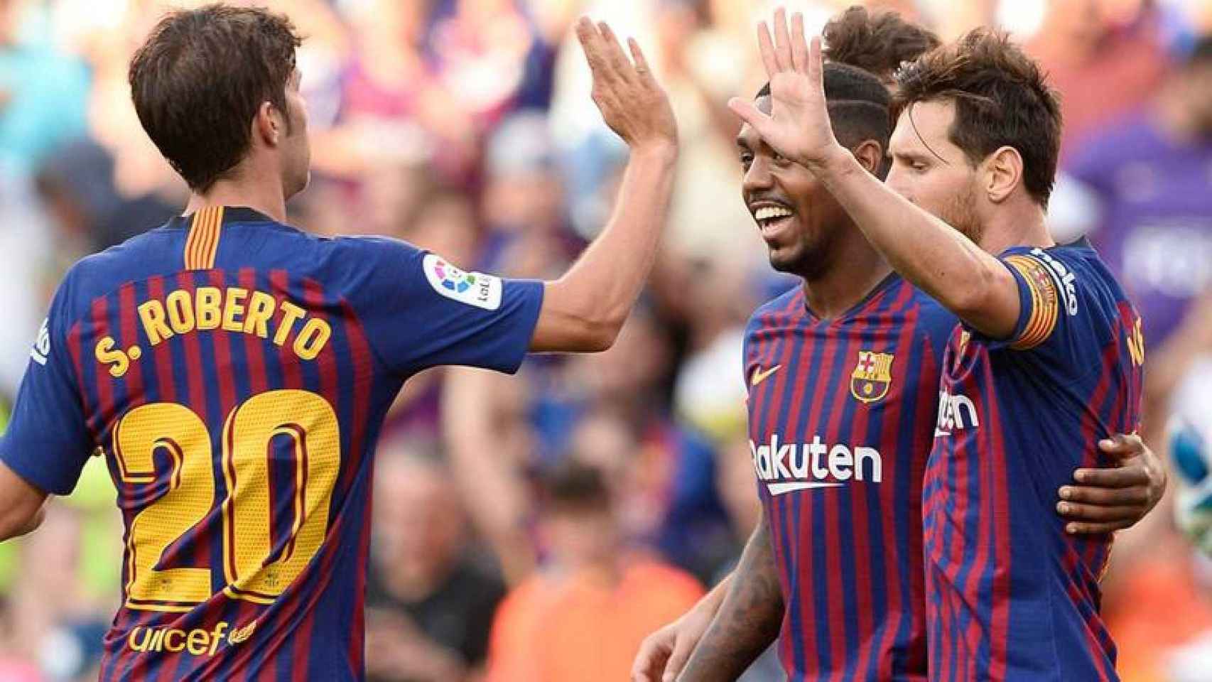 Roberto, Malcom y Messi celebrando un gol con el Barça / EFE