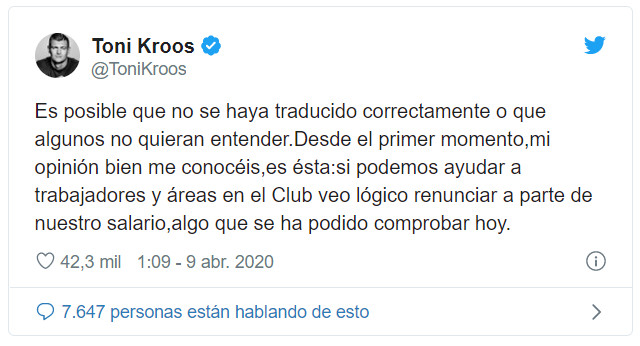 Publicación de Toni Kroos en redes sociales / Twitter